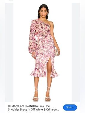 HEMANT & NANDITA x REVOLVE Suki One-Shoulder Dress in off white & crimson NWT